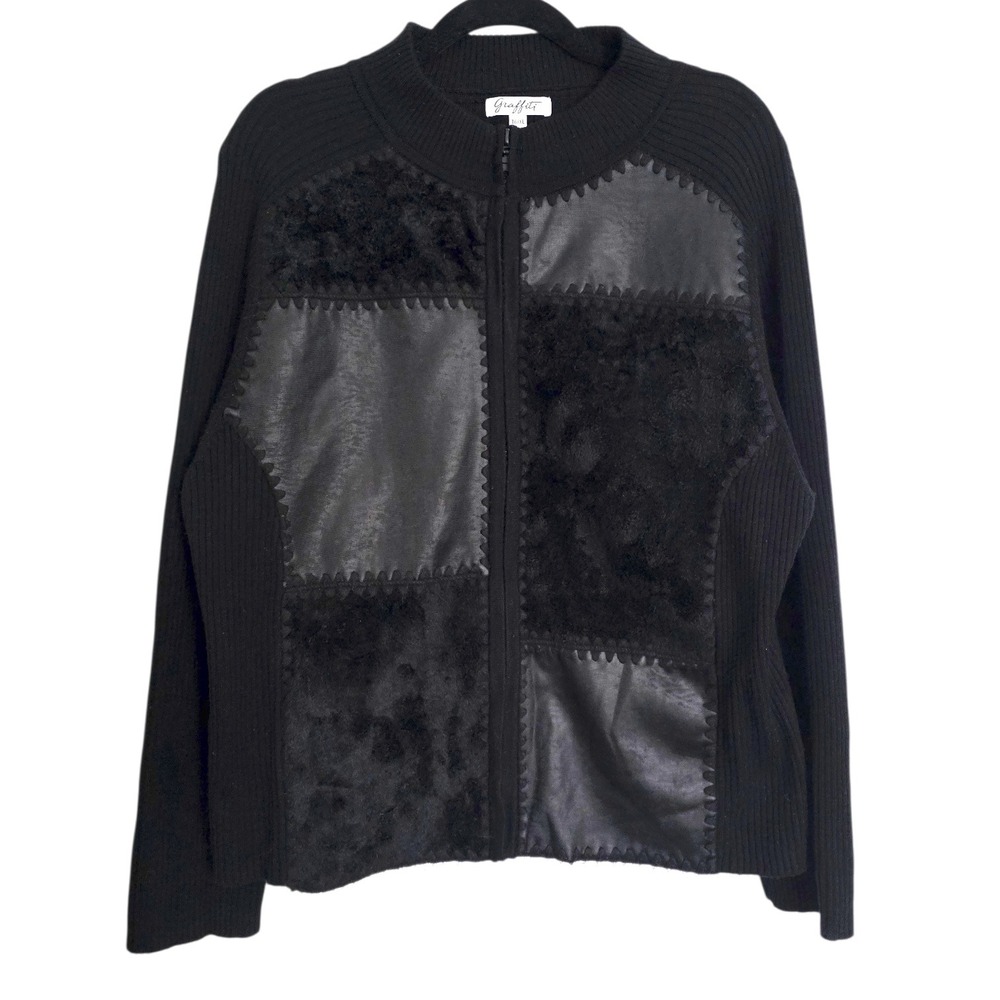 Y2K Graffiti Black Patchwork Full‎ Zip Sweater Jacket Faux Leather Fur XL
